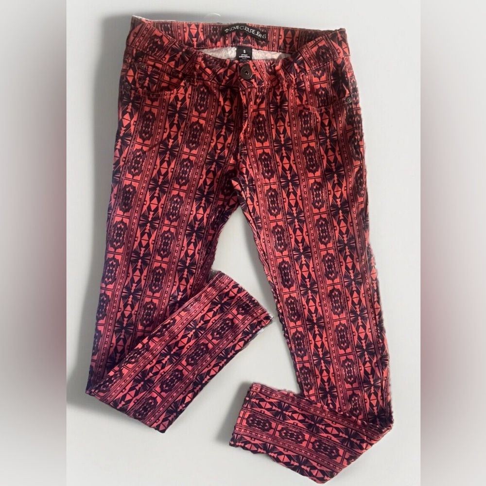 New Boho Western Indie Aztec 98% Cotton Red & Navy Classic 5 Pocket Pants Size 5